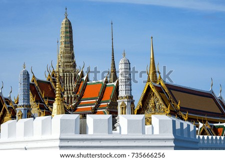 Temple of the Emerald Buddha (Wat Phra Keaw) on daytime, the old temple built in the 2325 as enshrined the statue of the Emerald Buddha and is also a landmark for tourists, Bangkok, Thailand