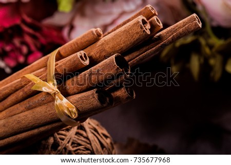 Ground cinnamon, cinnamon sticks, connected with a tray with a bow on a color background in a rustic style. Macro photo with selective focus. Close up food concept. Vintage toning. Retro style.
