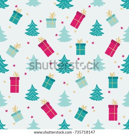 Winter, Christmas, New Year seamless pattern with Christmas trees and gift boxes. Perfect for sale, event banner, flyer, poster, holiday, party invitation, greeting card, gift, wrapping paper
