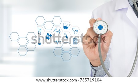 Medicine health care professional doctor  hand working with modern computer interface technology