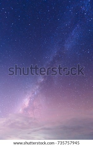 Landscape with gradient blue purple Milky way galaxy. Night sky with stars.