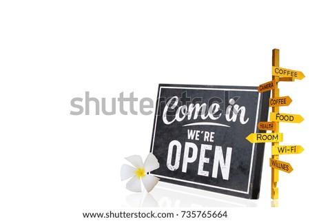 Open sign board with Yellow wooden signpost isolated on white background.