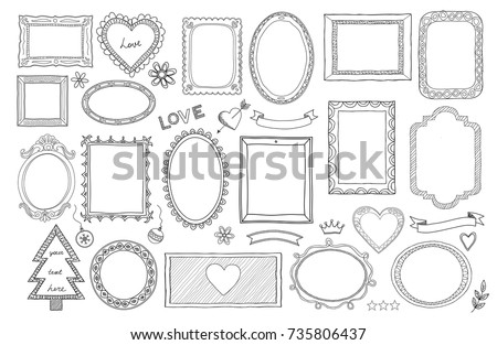 Big set of hand drawn isolated frames and different elements: hearts, banners, flowers, lettering.