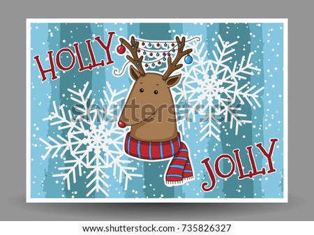 Vector Christmas card with cartoon deep wearing a sweater and Christmas balls on their horns against the backdrop of snowflakes. 