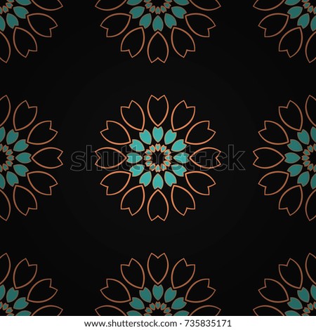 Abstract Mandalas ornamental pattern. Vector blue, orange and black ethnic floral seamless pattern.