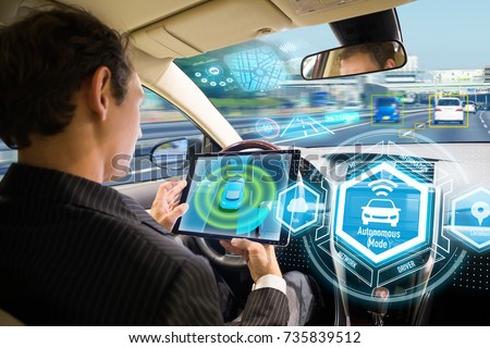 Futuristic interface of autonomous car. Self driving vehicle. Driverless car.  Royalty-Free Stock Photo #735839512