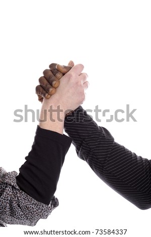 black and white hand holding each other. isolated on white