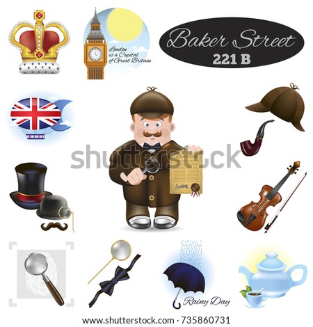 Sherlock Holmes, England. Character and objects. Set of vector illustrations isolated on white background. Royalty-Free Stock Photo #735860731