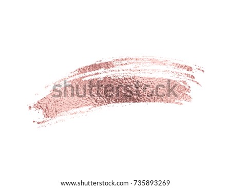 Gold rose foil brush stroke. Pink sparkle glossy scribble, grunge or copper smudge paint texture isolated on white background. Vector gold rose glitter mascara brushstroke border pattern.