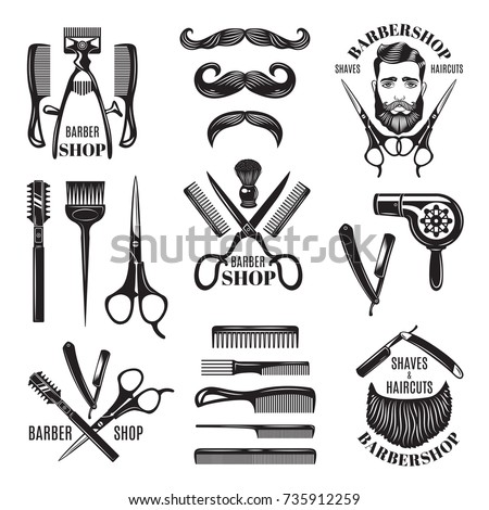 Illustrations set of different barber shop tools. Symbols for badges and labels. Barber shop and hair salon for man badge vector Royalty-Free Stock Photo #735912259