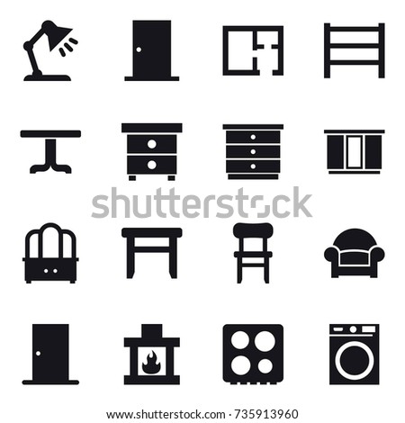 16 vector icon set : table lamp, door, plan, table, nightstand, chest of drawers, wardrobe, dresser, stool, chair, armchair, fireplace, washing machine