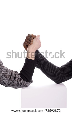 Arm wrestling between a black man and white woman. isolated on white background