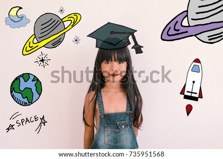 Young Asian girl kid wearing graduation hat doodles with start and space  illustrator doodles -  astronomer kid with space and science concept
