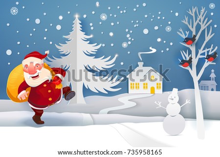 Winter Snow Urban Countryside Landscape with Santa Claus with gifts going to house. Village with full moon. Happy new year and Merry Christmas paper art, cut and craft style banner. Snowman. Lights