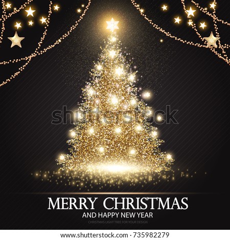 Christmas Tree. Elegant Card Template with Gold Shining Fir. Pine with Snowflakes and Stars. Luxury Design. Vector illustration