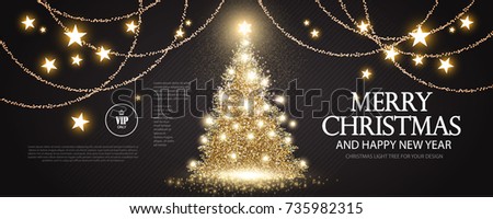 Christmas Tree. Elegant Card Template with Gold Shining Fir. Pine with Snowflakes and Stars. Luxury Design. Vector illustration