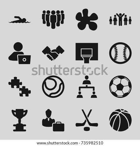 Team icons set. set of 16 team filled icons such as man with laptop, basketball, structure, handshake, woman consultant with case, basketball basket, hockey, baseball, fotball
