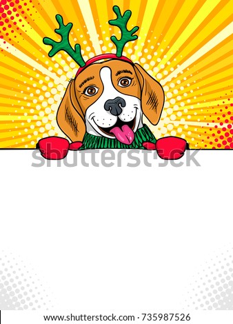 Wow pop art dog face. Funny cute surprised beagle with tongue in a sweater and deer horns holding a banner in his hands. Vector Christmas illustration in retro comic style. New Year party invitation.