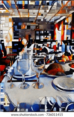 Cutlery and glasses on the table. The bar's theme done in the style of modern abstraction. Oil on canvas with elements of acrylic painting.