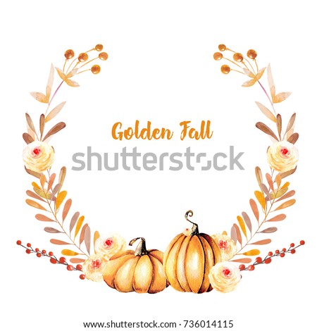 Autumn wreath with watercolor pumpkins, tree branches, fall flowers and berries, hand painted on a white background