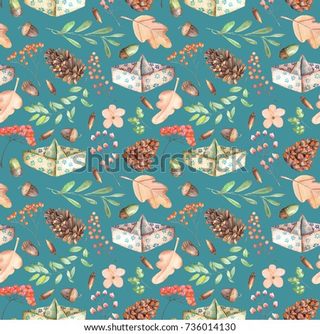 Seamless autumn pattern with watercolor fir cones, paper boats, rowan tree branches and berries, oak acorns, hand painted on a dark blue background