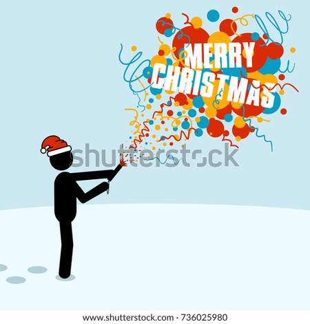 Stick man with red hat explodes slapstick with confetti on the winter background. Raster christmas illustration.