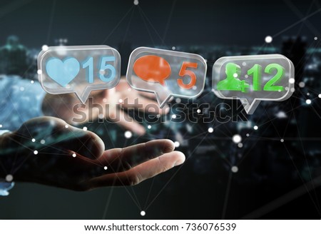 Businessman on blurred background using digital colorful social media icons 3D rendering