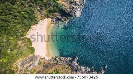 Beauty Butterfly beach aerial view landscape, Goa touristic state in India. Royalty-Free Stock Photo #736093426