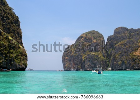 Scenic view of Krabi Island in Thailand with amazing blue water sea. Soft focus