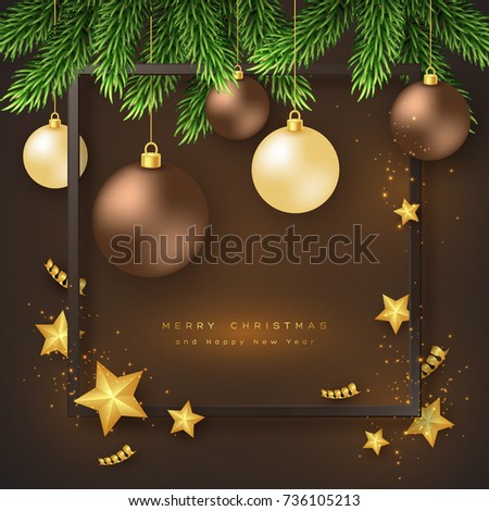 Merry Christmas holiday background with bauble, fir-tree and frame. Glitter glowing design, black background. Vector illustration.