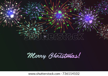 Vector holiday colourn fireworks on the blue background. Lights for design of festive posters and banners for Merry Christmas. File contains clipping mask. Royalty-Free Stock Photo #736114102