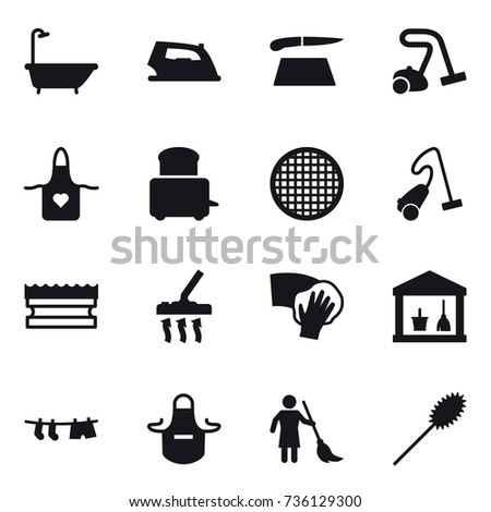 16 vector icon set : bath, iron, cutting board, vacuum cleaner, apron, sponge, wiping, utility room, drying clothe, brooming, duster