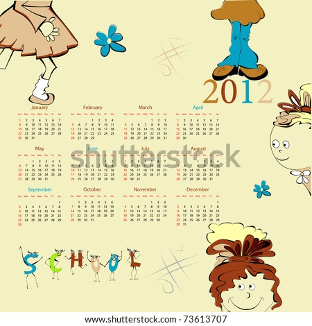 Template for calendar 2012 with cartoon style illustration