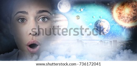 Composite image of solar system in 3d against white background against surprised female executive against white background