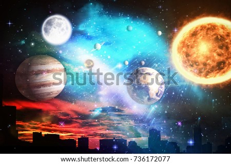 Composite image of solar system against white background against silhouette city against cloudy sky during sunset in 3d