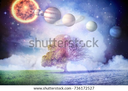 Composite image of planets and sun against autumn turning to winter in 3d