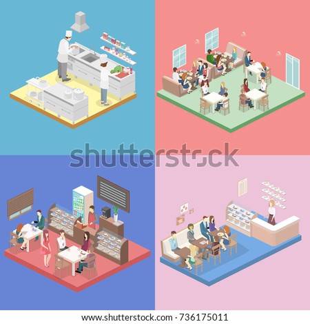Isometric flat 3D concept vector interior of sweet-shop, cafe, canteen and restaurant kitchen. People sit at the table and eating. Flat 3D illustration
