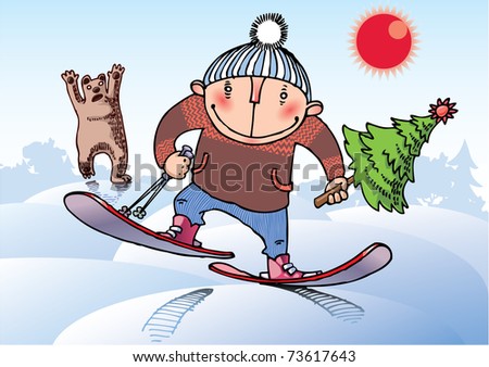 The young man on skis is running away from the wild bear. He had stole a Christmas tree!