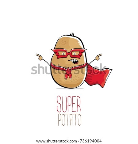 vector funny cartoon cute brown super hero potato with red hero cape and hero mask isolated on white background. My name is potato vector concept. super vegetable funky character