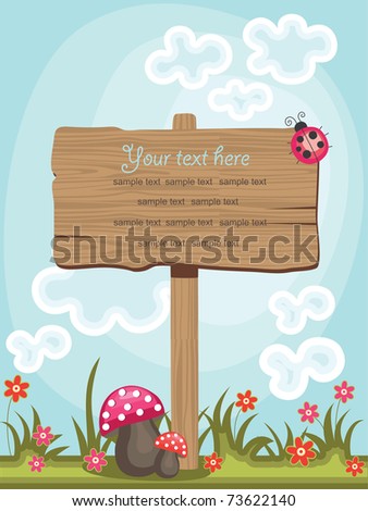 wooden board over cute nature scene. vector illustration