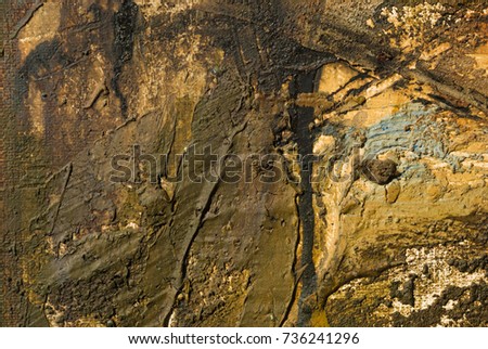 Depicted rock with moss, close up detail of an extremely rustic oil painting.