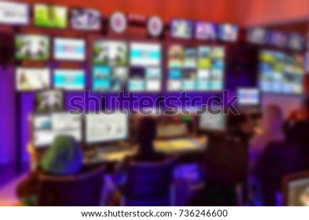 Blurred image video switch of Television Broadcast, working with video and audio mixer, control broadcast in recording studio.