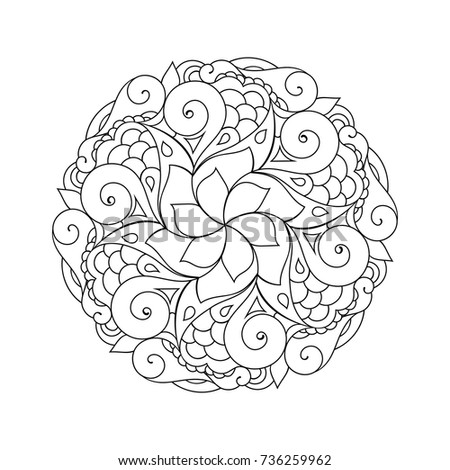 Radial zentangle mandala adult coloring book page. Zendoodle circular black and white outline  illustration.