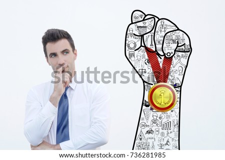 Businessman thinking about strategy to be the winner isolated on white background