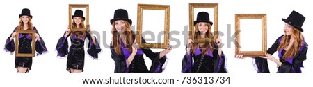 Woman with picture frame on white