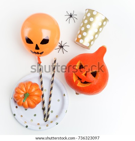 Halloween party decoration on a white background. Flat lay