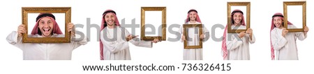 Arab with picture frame on white Royalty-Free Stock Photo #736326415