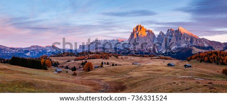 Scenic image of bright hills. Location Dolomiti alps, Compaccio, Seiser Alm or Alpe di Siusi, Bolzano province, South Tyrol, Italy, Europe, Great picture of wild area. Explore the beauty of earth.