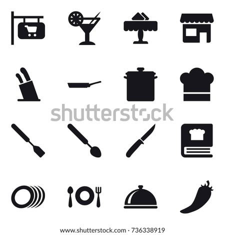 16 vector icon set : shop signboard, cocktail, restaurant, shop, stands for knives, pan, cook hat, spatula, big spoon, knife, hot pepper