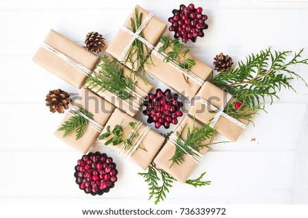 christmas: gifts, cones, spruce branches